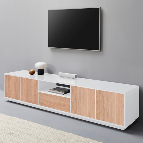 Mobile porta TV design moderno legno bianco 220cm soggiorno Aston Wood Promozione