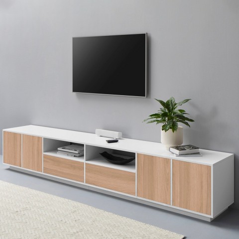 Mobile porta TV soggiorno design moderno 260cm bianco legno Breid Wood Promozione