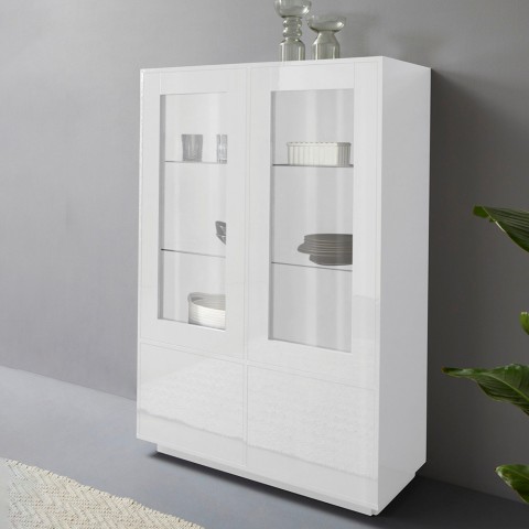Credenza alta con vetrina 100cm soggiorno design moderno bianco Syfe Promozione