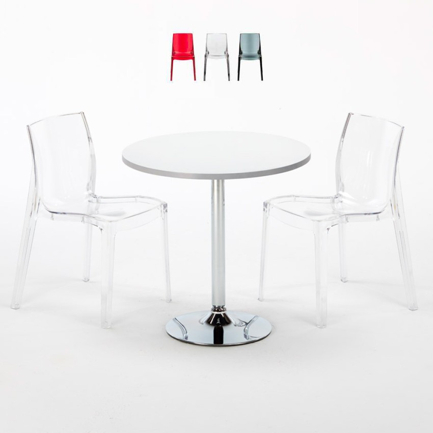 Tavolino Rotondo Bianco 70x70 cm con 2 Sedie Colorate Trasparenti Femme Fatale Spectre Offerta