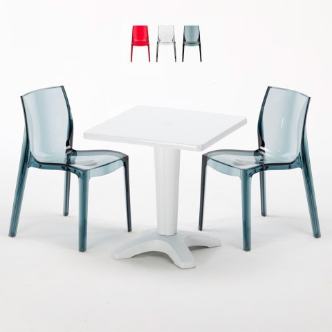Tavolino Quadrato 70x70 cm e 2 Sedie Colorate Trasparenti Caffè