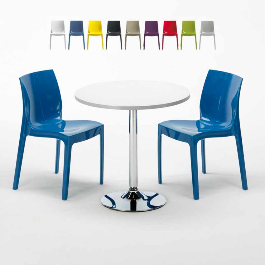 Tavolino Rotondo Bianco 70x70 cm con Base in Acciaio e 2 Sedie Colorate Ice Long Island Offerta Tavolino Rotondo Bianco 70x70 cm con Base in Acciaio e 2 Sedie Colorate Ice Long Island Offerta
