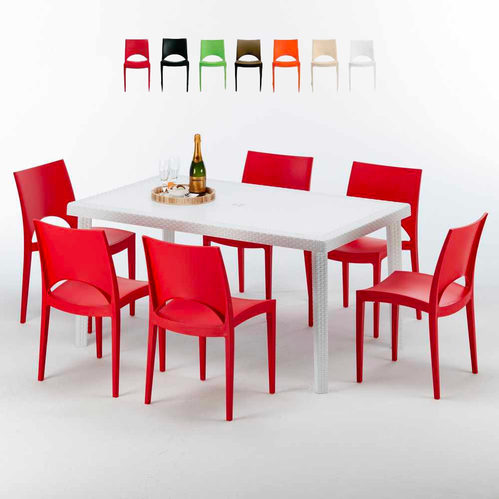 Set pranzo tavolo con piano 150x90 cm e 4 sedie impilabili bianco