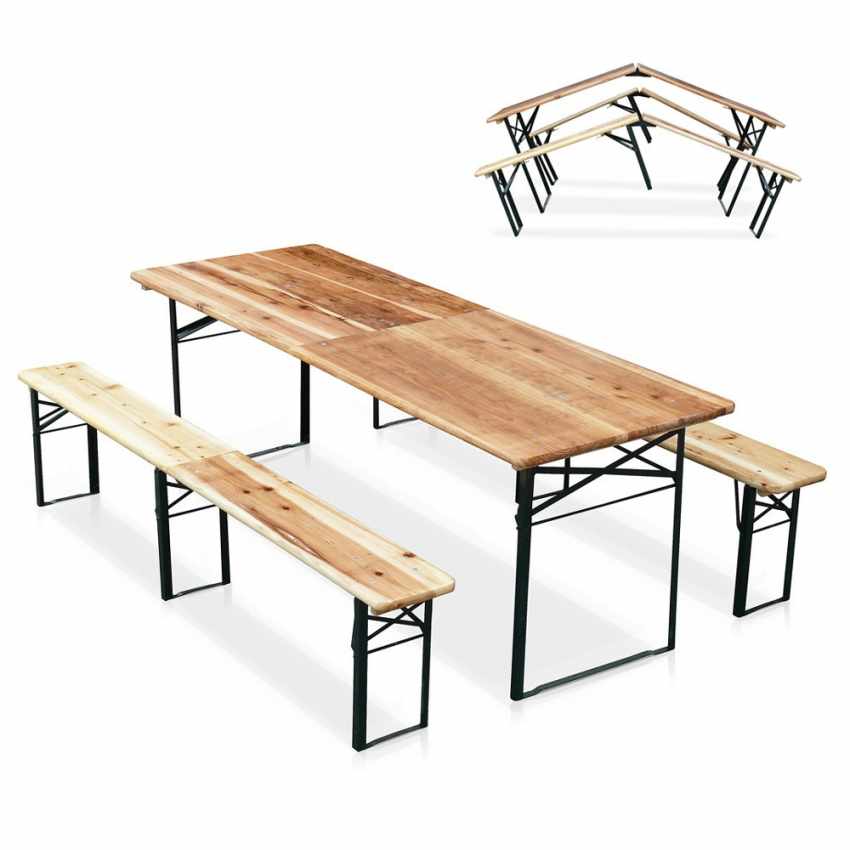 Set Of Garden Folding Wooden Benches And Table For Outdoors