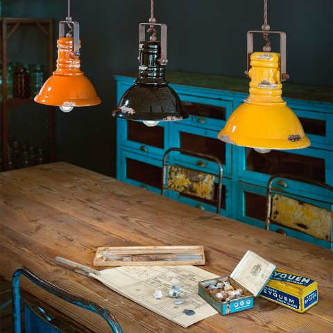 Lampada a sospensione ferro e ceramica dipinta a mano design vintage Industrial SO Promozione