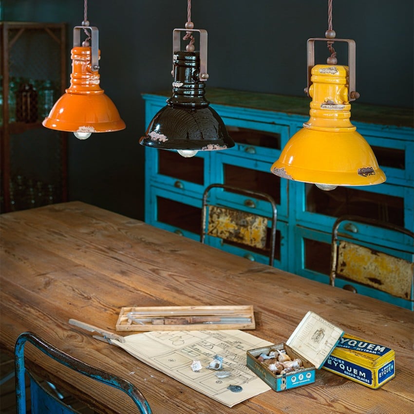 Lampada a sospensione ferro e ceramica dipinta a mano design vintage Industrial SO