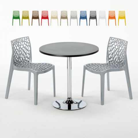 Tavolino Rotondo Nero 70x70 cm con 2 Sedie Colorate Gruvyer Cosmopolitan