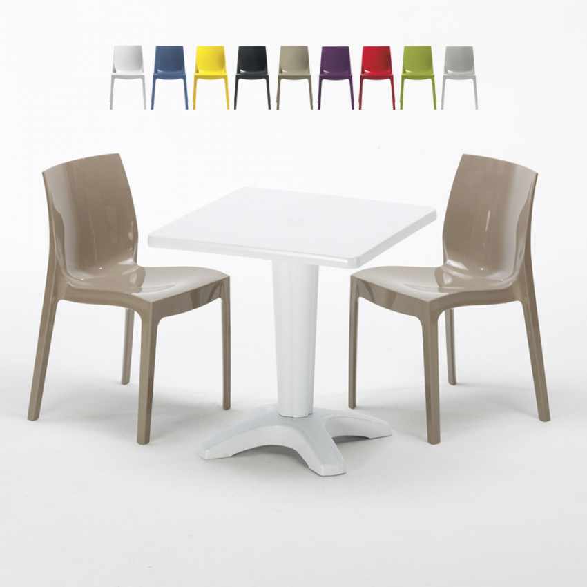 Tavolino Quadrato Bianco 70x70 cm con 2 Sedie Colorate Ice Patio Promozione