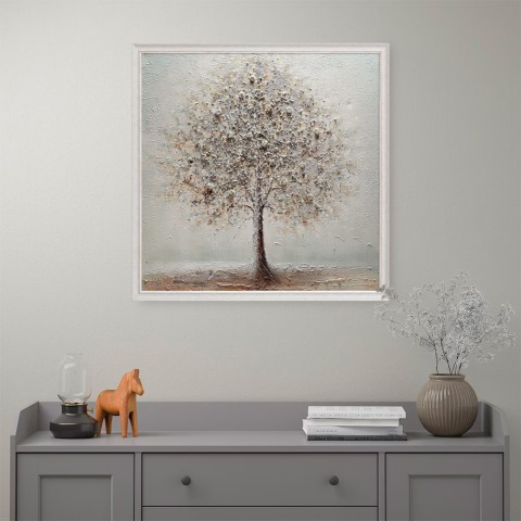 Quadro dipinto a mano tela canvas albero argentato cornice 100x100cm W641