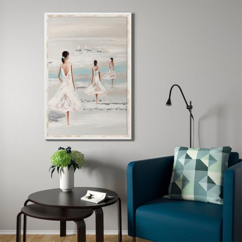 Quadro dipinto a mano rilievo donne spiaggia cornice 60x90cm W205
