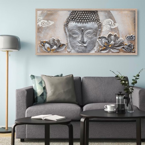Quadro dipinto a mano su tela Buddha con cornice 65x150cm W218 Promozione