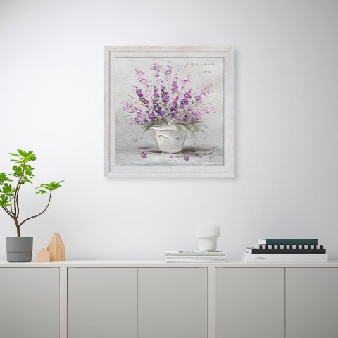 Quadro dipinto a mano vaso fiori viola tela con cornice 30x30cm W602