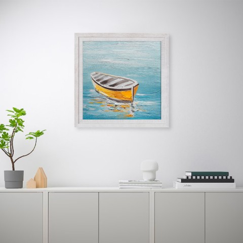 Quadro dipinto a mano barca mare su tela 30x30cm con cornice W605 Promozione