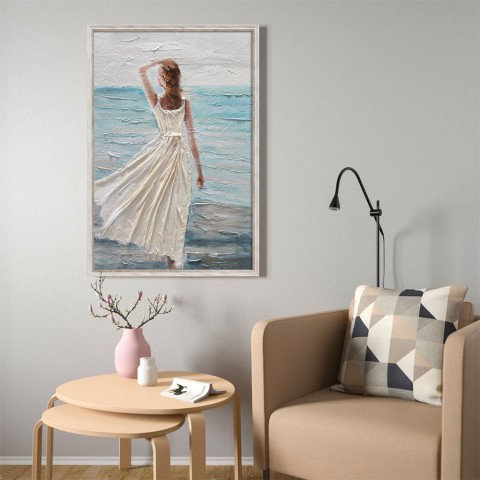Quadro dipinto a mano su tela rilievo donna spiaggia 60x90cm W713
