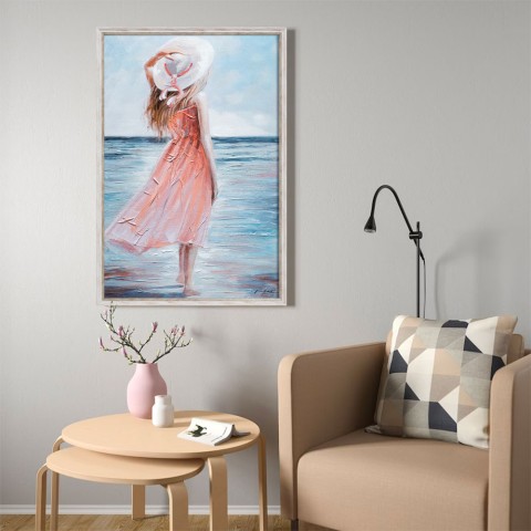 Quadro dipinto a mano donna spiaggia rilievo su tela 60x90cm W714 Promozione