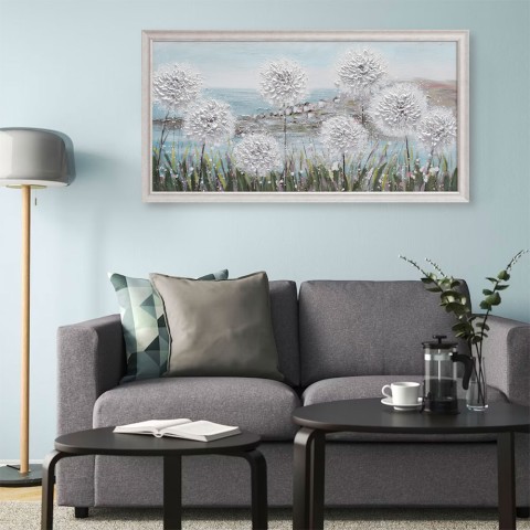Quadro dipinto a mano tela campo fiori soffioni cornice 60x120cm W726