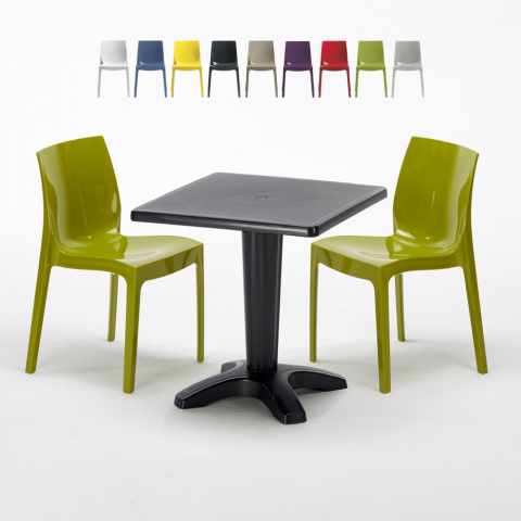 Tavolino Quadrato Nero 70x70 cm con 2 Sedie Colorate Ice Aia