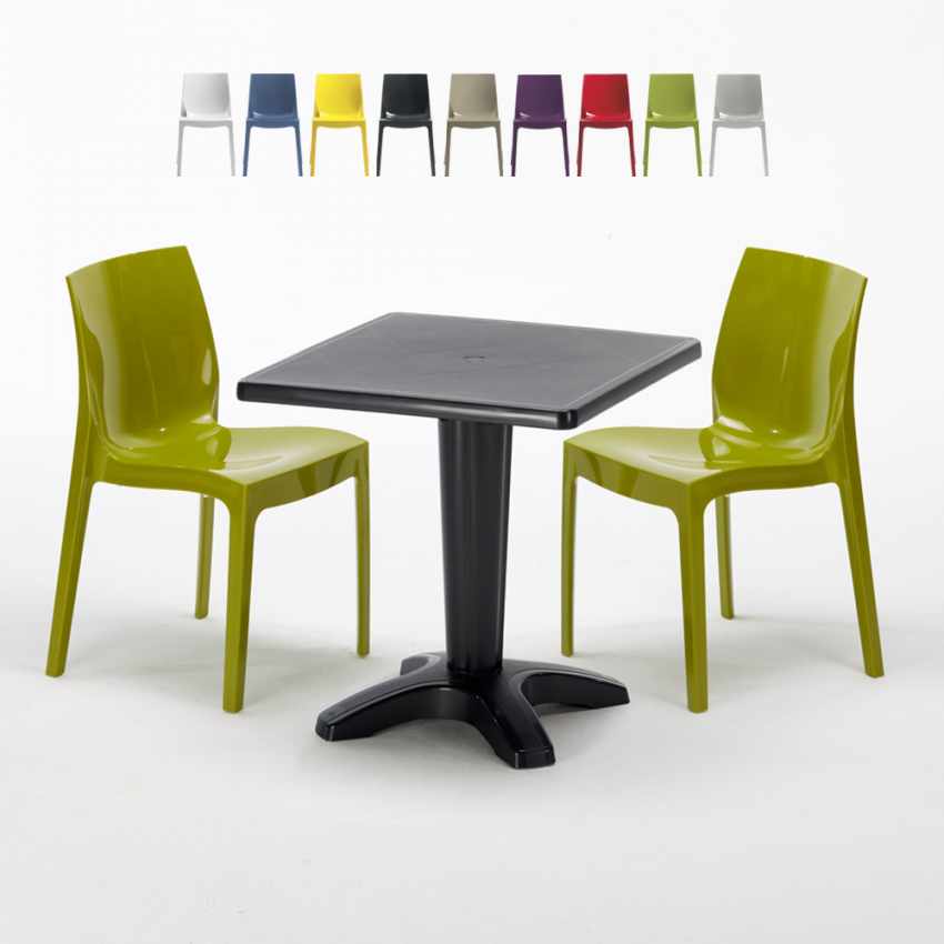 Tavolino Quadrato Nero 70x70 cm con 2 Sedie Colorate Ice Aia Promozione