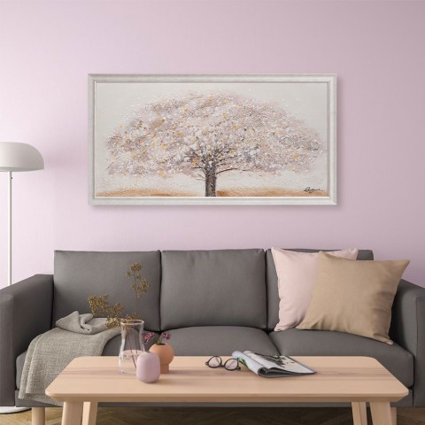 Quadro dipinto a mano su tela albero bianco cornice 60x120cm Z643