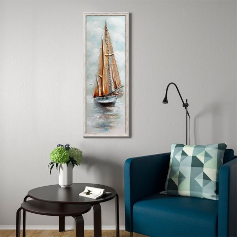Quadro dipinto a mano barca a vela su tela 30x90cm con cornice Z421 Promozione