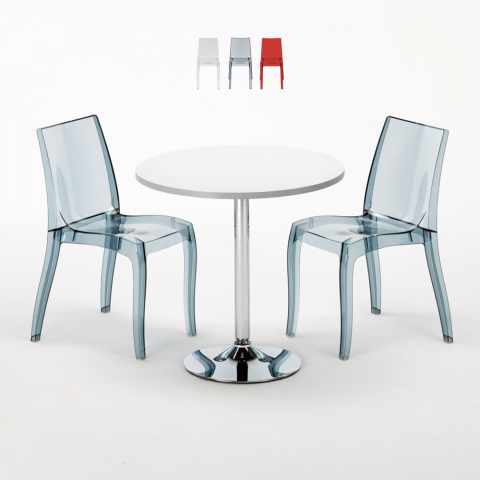 Tavolino Rotondo Bianco 70x70 cm con 2 Sedie Colorate Trasparenti Cristal Light Silver