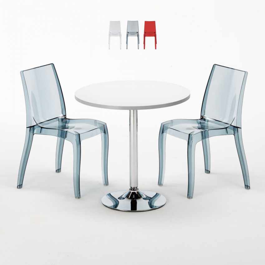 Tavolino Rotondo Bianco 70x70 cm con 2 Sedie Colorate Trasparenti Cristal Light Silver Promozione