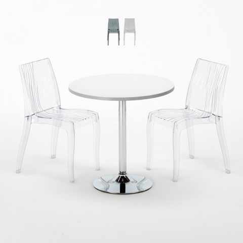 Tavolino Rotondo Bianco 70x70 cm con 2 Sedie Colorate Trasparenti Dune Silver Promozione