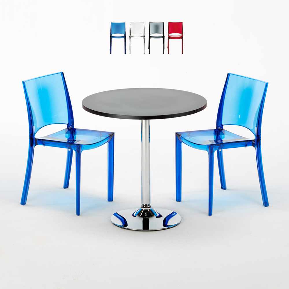Tavolino Rotondo Nero 70x70 cm con 2 Sedie Colorate Trasparenti B-Side Ghost