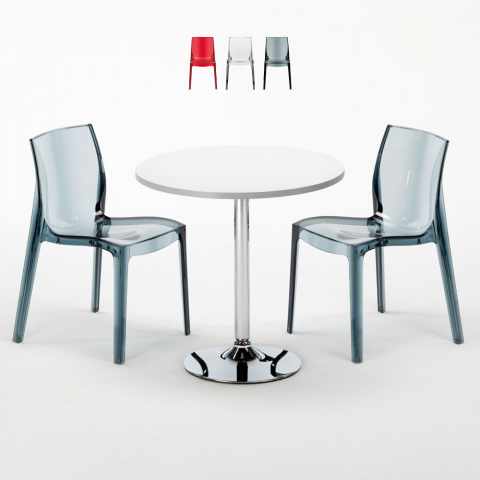 Tavolino Rotondo Bianco 70x70 cm con 2 Sedie Colorate Trasparenti Femme Fatale Spectre