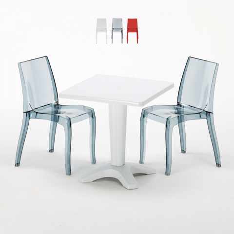 Tavolino Quadrato Bianco 70x70 cm con 2 Sedie Colorate Trasparenti Cristal Light Terrace