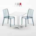 Tavolino Quadrato Bianco 70x70 cm con 2 Sedie Colorate Trasparenti Cristal Light Terrace Promozione