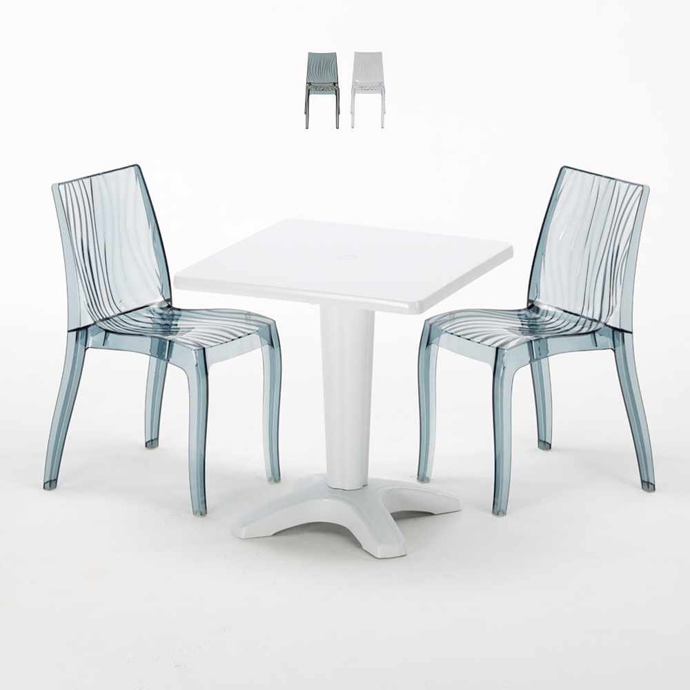 Tavolino Quadrato Bianco 70x70 cm con 2 Sedie Colorate Trasparenti Dune Terrace