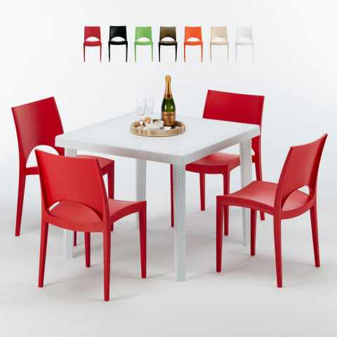 Tavolino Quadrato Bianco 90x90 cm con 4 Sedie Colorate Paris Love Promozione