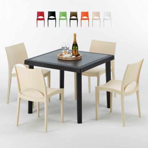 Tavolino Quadrato Nero 90x90 cm con 4 Sedie Colorate Paris Passion