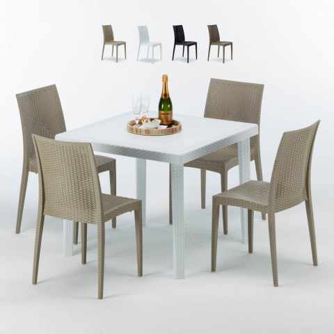 Tavolino Quadrato Bianco 90x90 cm con 4 Sedie Colorate Bistrot Love