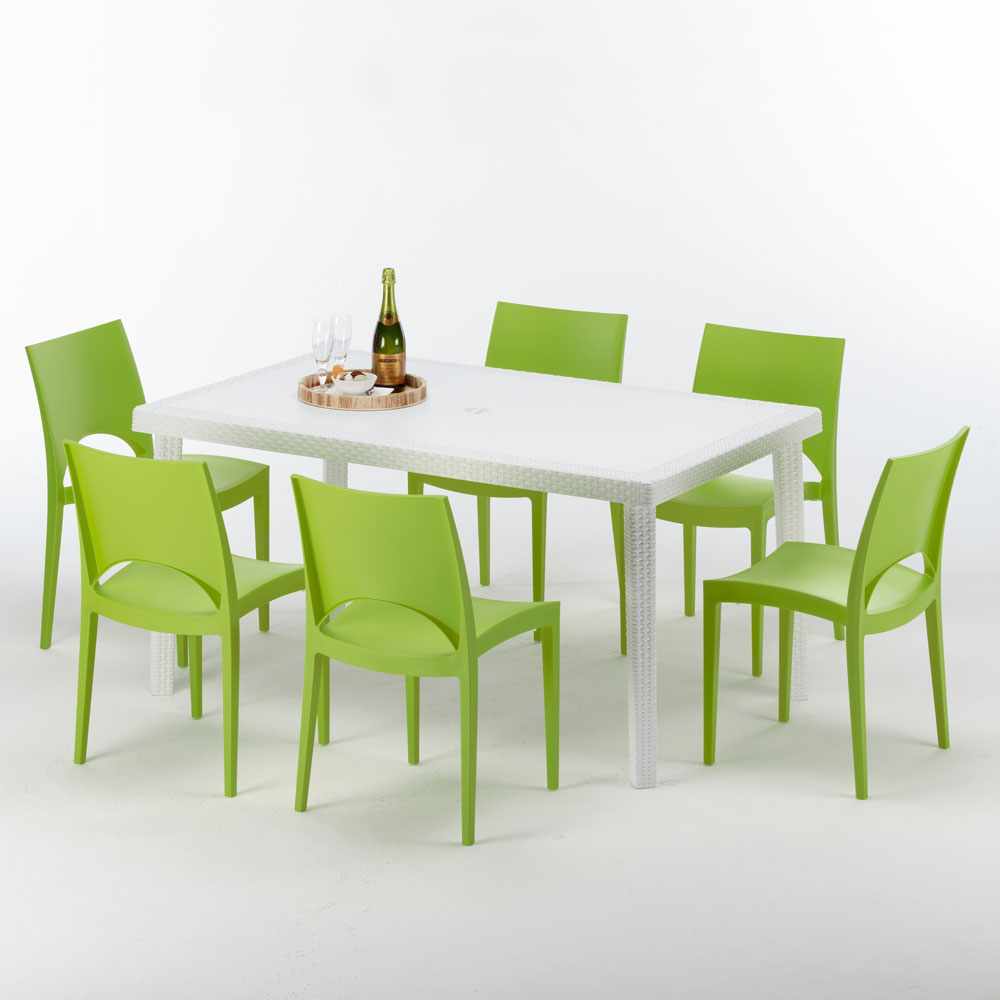 Set pranzo tavolo con piano 150x90 cm e 4 sedie impilabili bianco