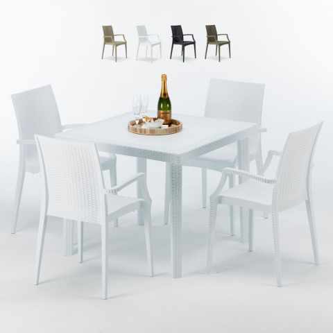 Tavolino Quadrato Bianco 90x90 cm con 4 Sedie Colorate Bistrot Arm Love Promozione