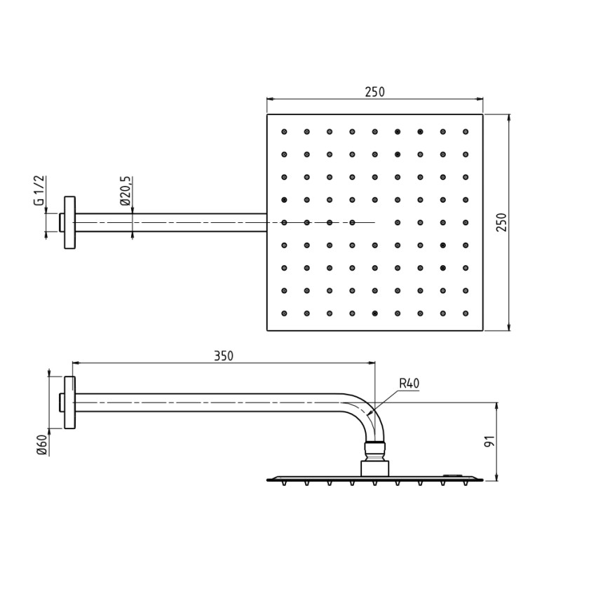 FRM3461 set soffione doccia quadrato 25x25cm braccio parete bagno 35cm