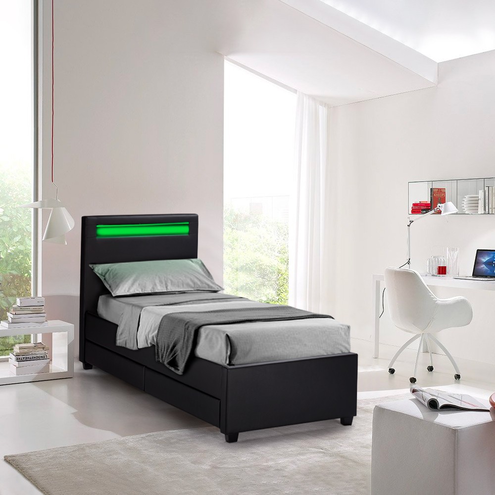 Letto singolo 1 piazza con rete testiera led e cassetti 80x190 Geneva Twin