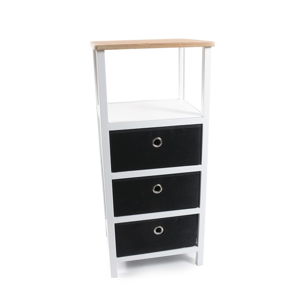 Mobiletto soggiorno 3 cassetti tessuto ripiano legno bianco nero Erin