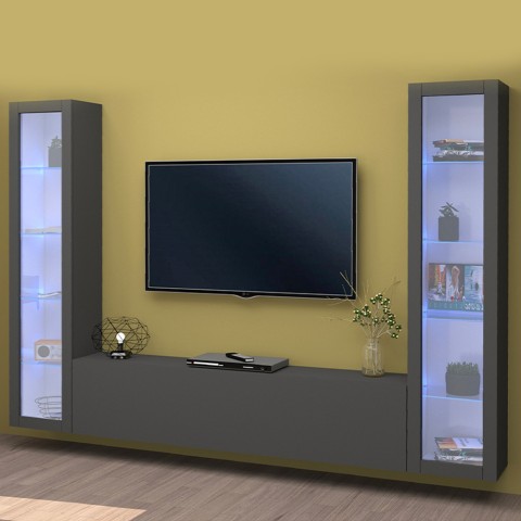 Parete attrezzata mobile TV sospesa design moderno nera 2 vetrine Liv RT Promozione
