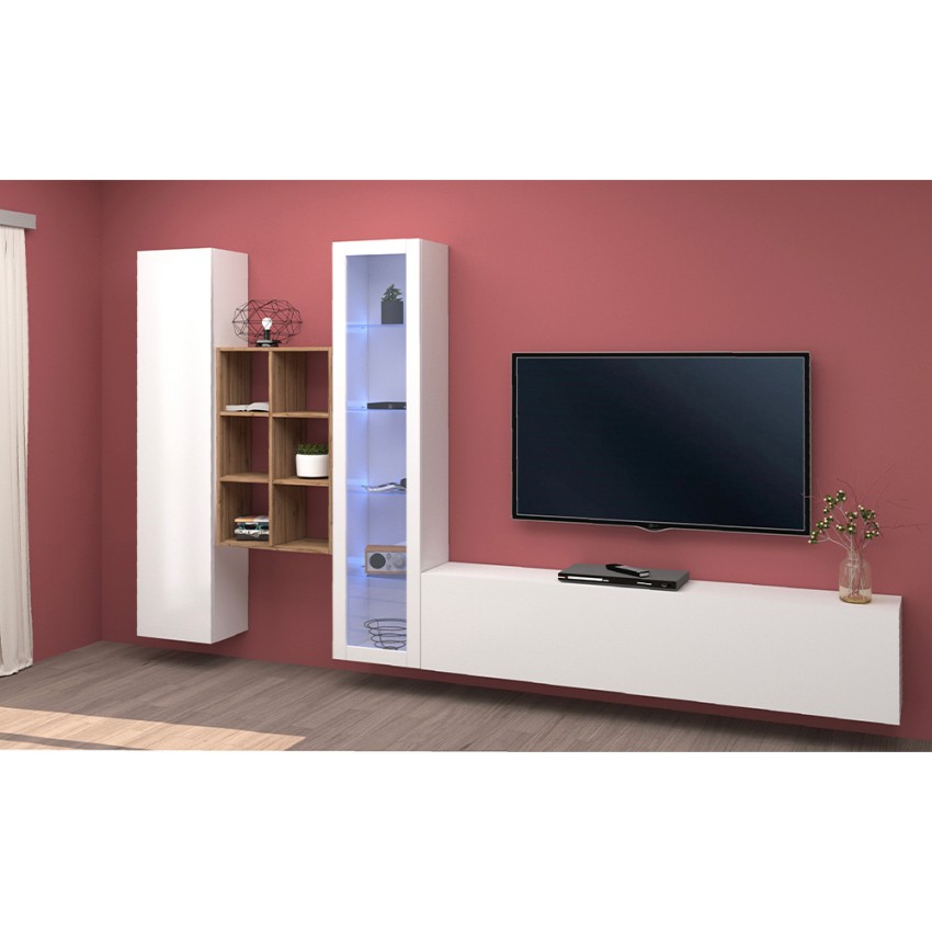 Parete attrezzata soggiorno design moderno bianco legno Corona Moby