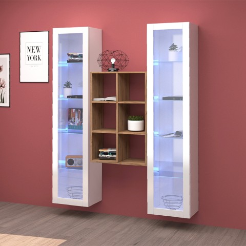 Parete attrezzata soggiorno 2 vetrine bianche libreria in legno Kesia WH Promozione