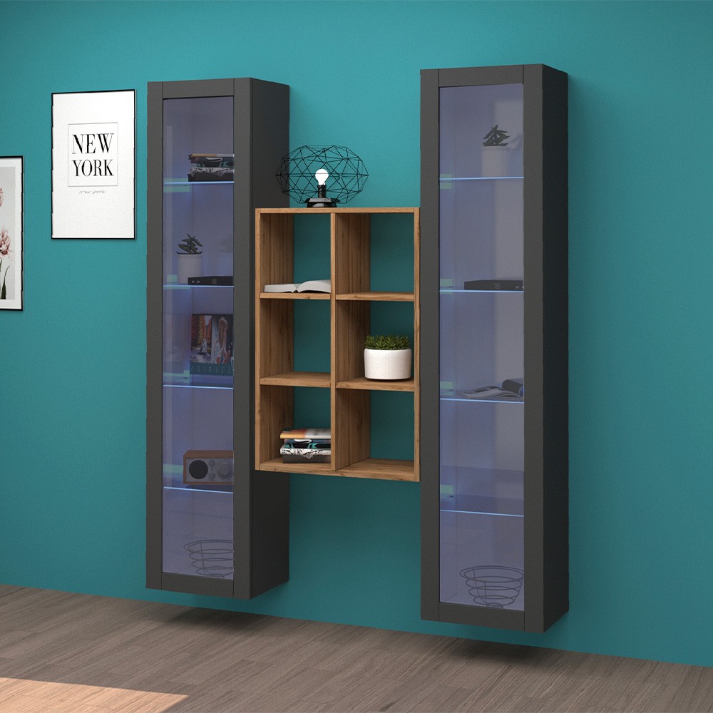 Parete attrezzata sospesa grigia libreria in legno 2 vetrine Kesia RT