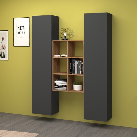 Parete attrezzata moderna libreria in legno 2 armadi soggiorno Gemy RT Promozione