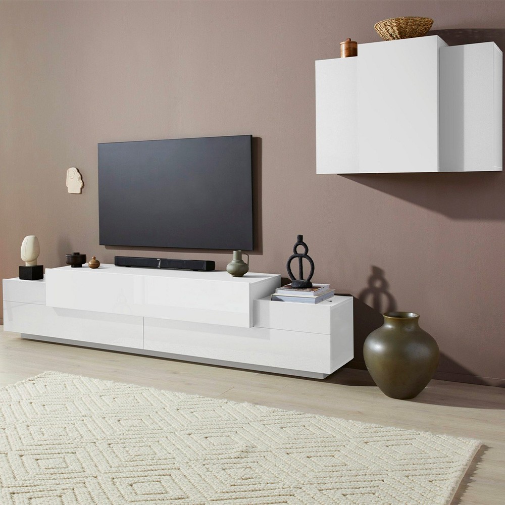 Parete attrezzata soggiorno design moderno bianco legno Corona Moby