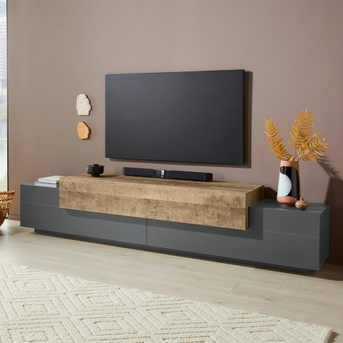 Mobile porta TV design moderno 240cm grigio e legno Corona Low Hound Promozione