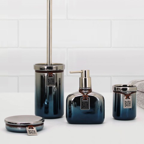 Set accessori bagno porta sapone portaspazzolino ceramica cromo/blu Stark Promozione