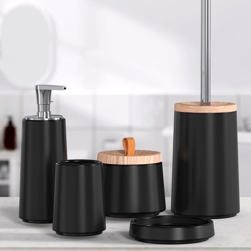 Nordic 6pcs Accessori bagno nero Porta spazzolino da denti Cestino Sapone  Dispenser Asciugatrice Scopino Wc Set da bagno #a