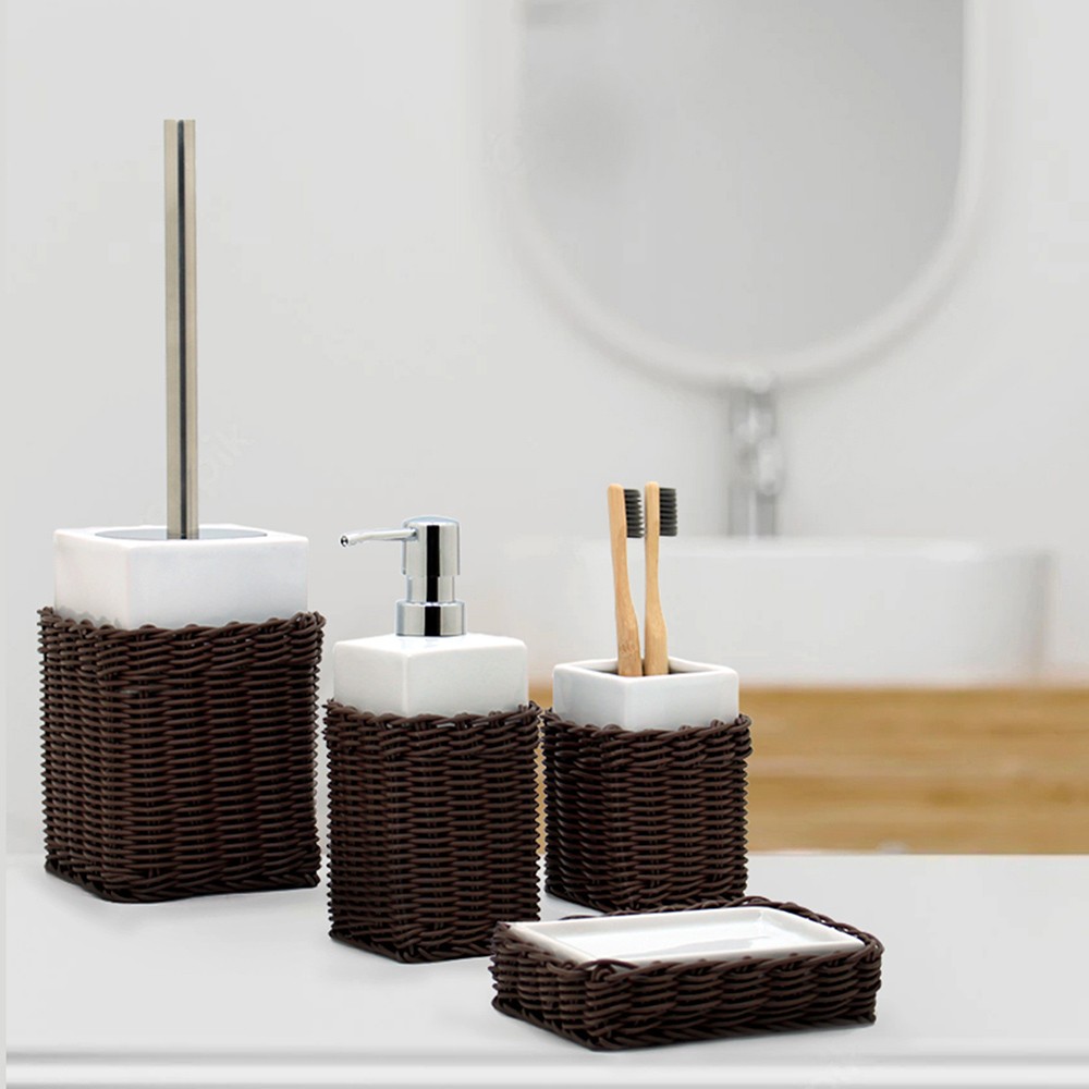 Accessori bagno ceramica bianca portaspazzolino dispenser sapone Rattan